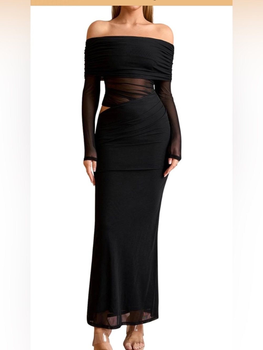 KUTUMAI Off Shoulder Cutout Mesh Ruched Bodycon Formal Wedding Guest Dress